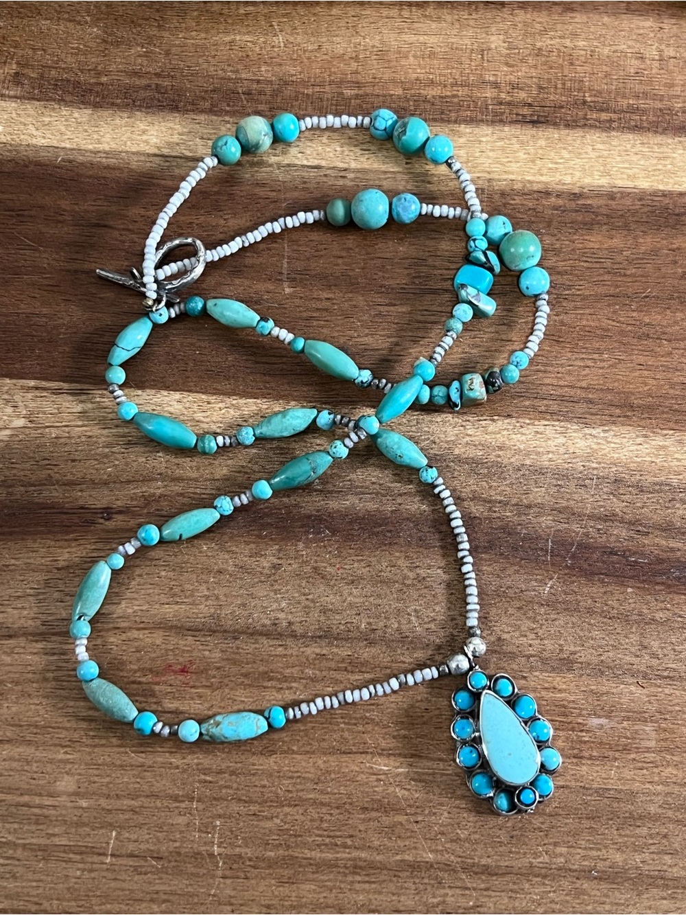 Vintage sterling silver 925 turquoise cluster pendant beaded necklace